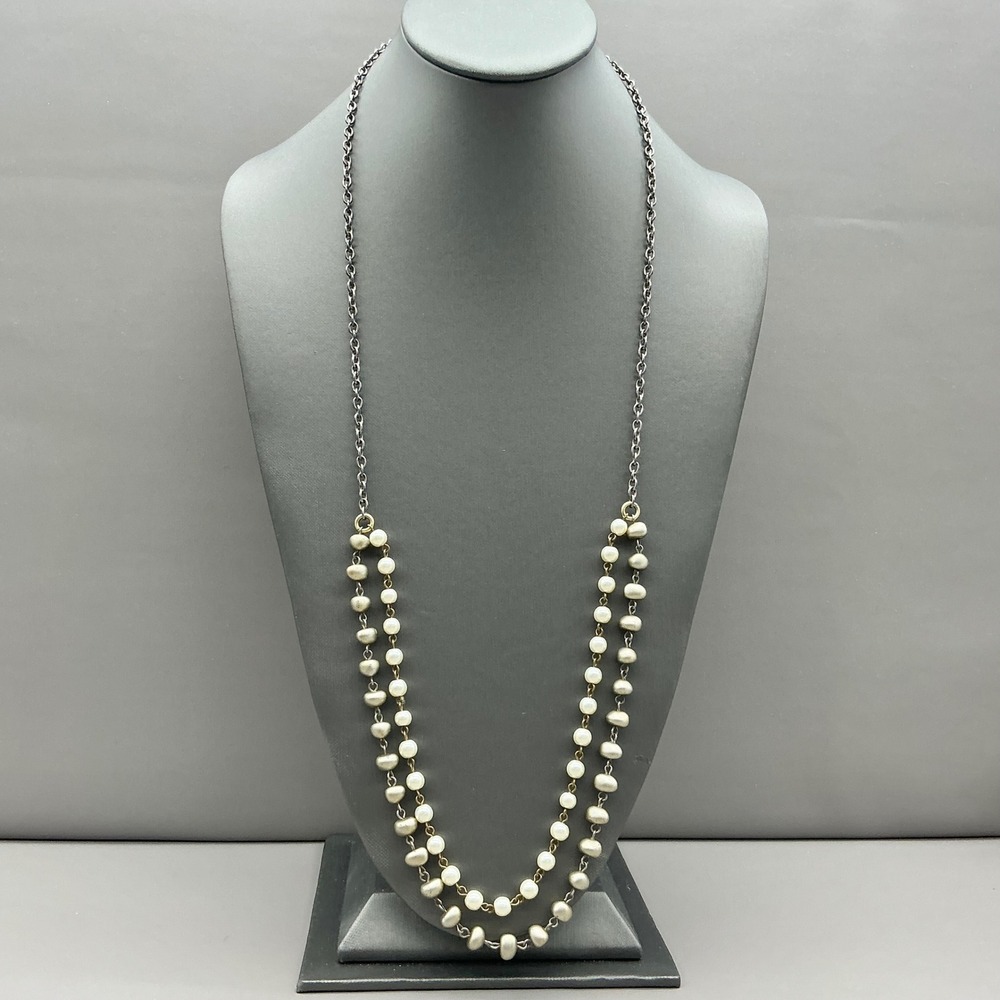 John Wind Necklace Faux Pearl Double Strand Mixed Metal Maximal Art Signed 28"